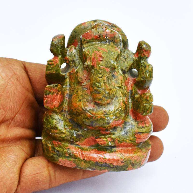 gemsmore:Rare Hand Carved Blood Green Unakite Lord Ganesha Idol