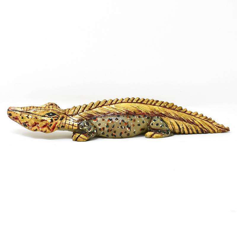 gemsmore:Rare Hand Carved Green Aventurine Enamel Painted Crocodile