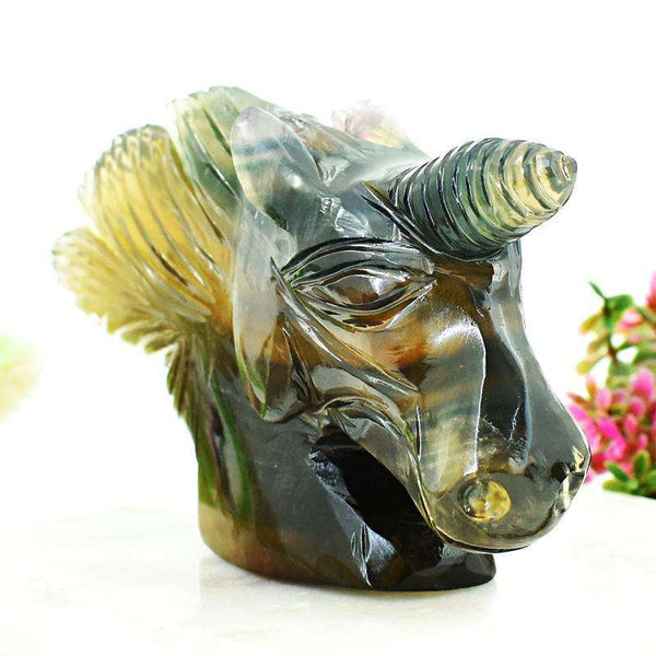 gemsmore:Rare Multicolor Fluorite Hand Carved Unicorn Head