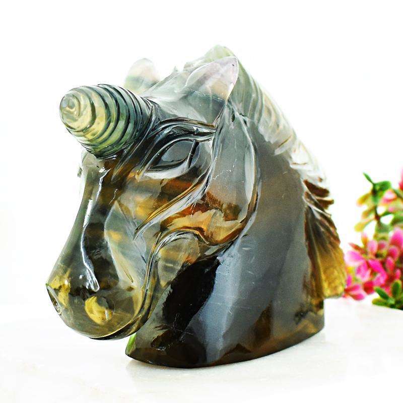 gemsmore:Rare Multicolor Fluorite Hand Carved Unicorn Head