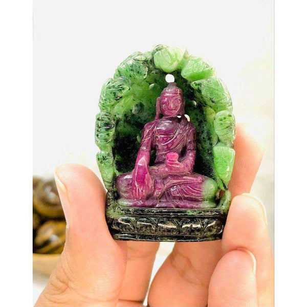 gemsmore:Rare Ruby Zoisite Lord Buddha in Cave Carved by Hand