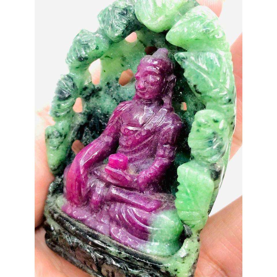gemsmore:Rare Ruby Zoisite Lord Buddha in Cave Carved by Hand