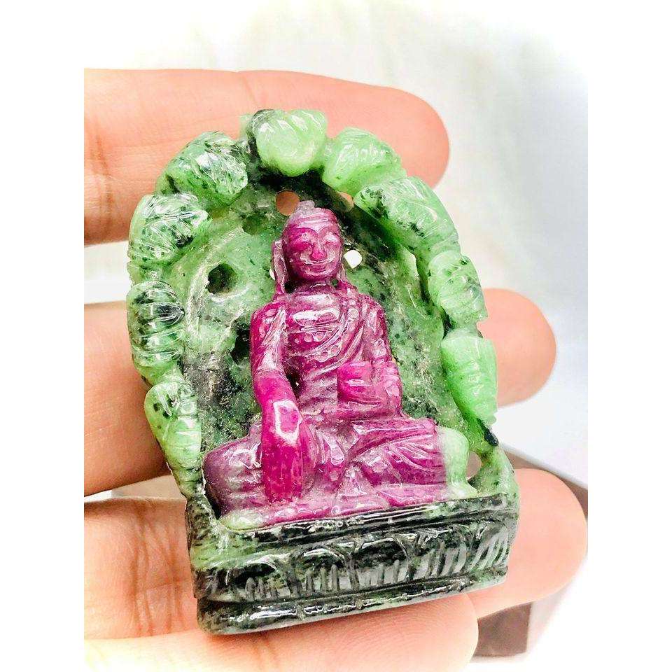 gemsmore:Rare Ruby Zoisite Lord Buddha in Cave Carved by Hand