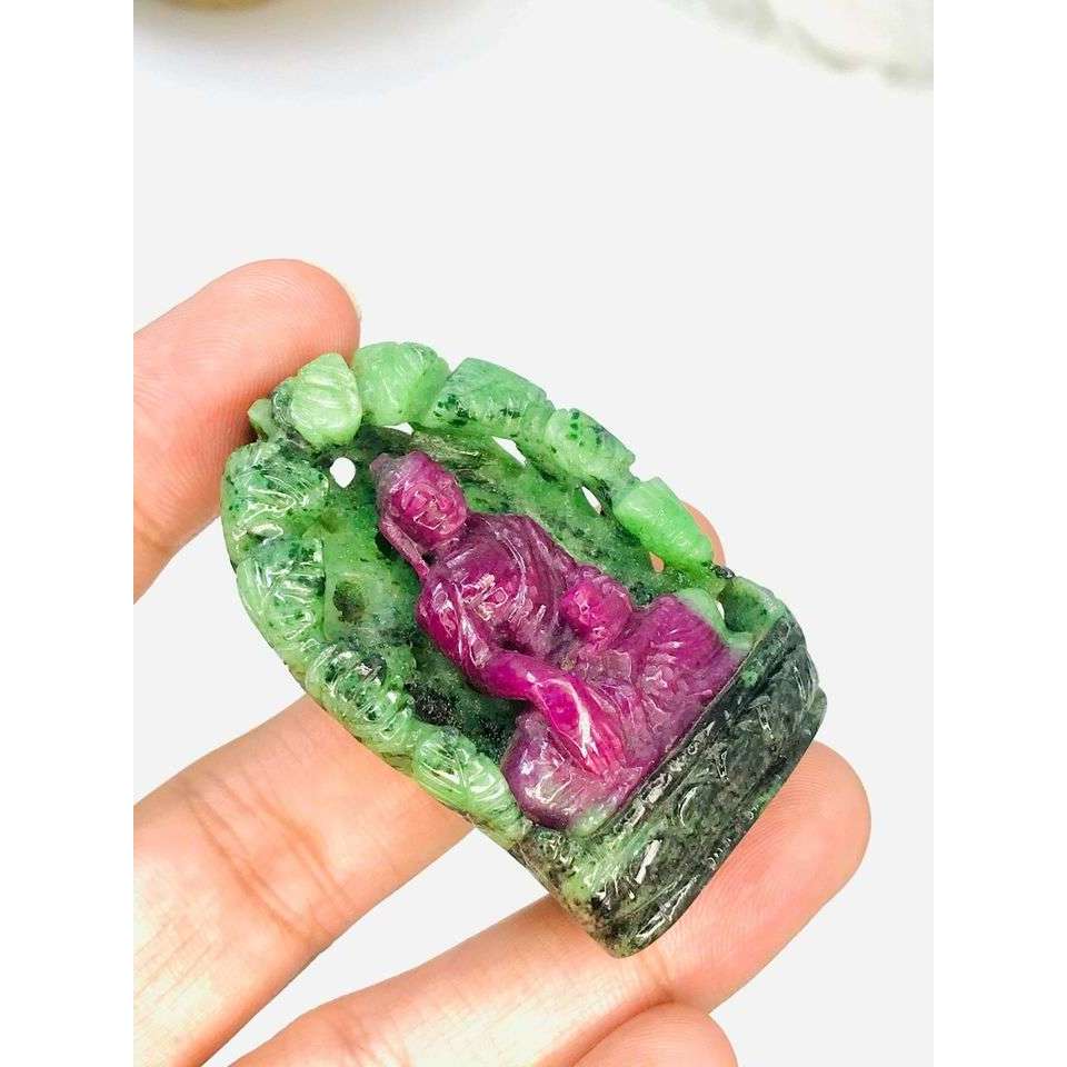 gemsmore:Rare Ruby Zoisite Lord Buddha in Cave Carved by Hand