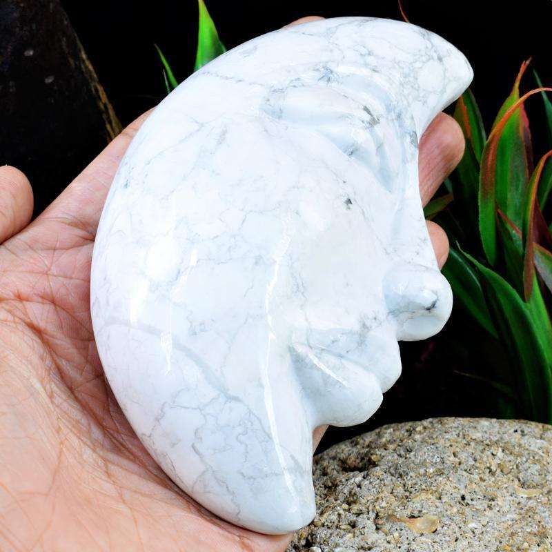 gemsmore:Rare White Howlite Hand Carved Moon Face