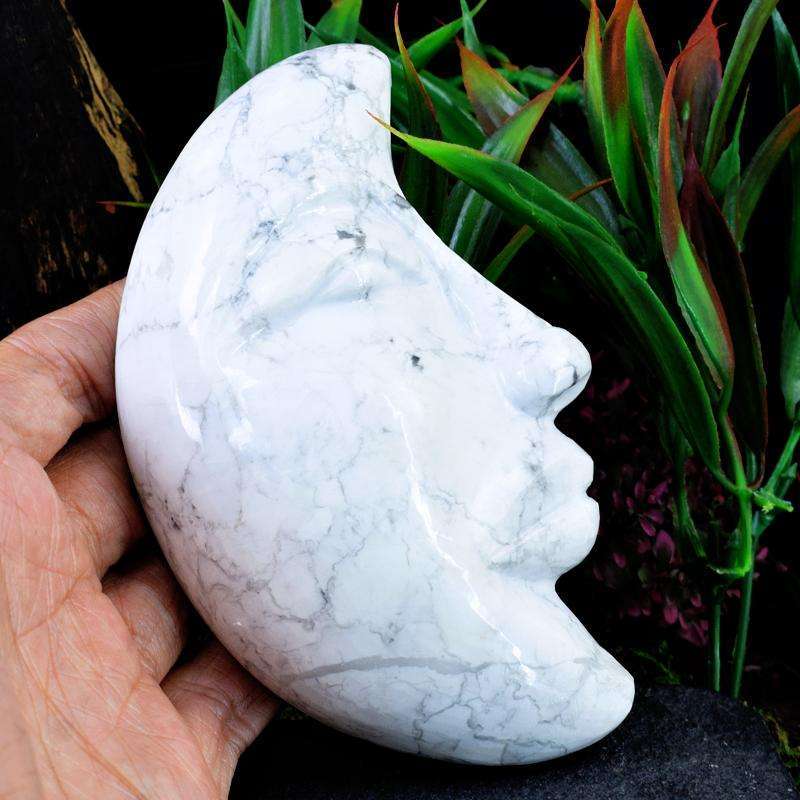 gemsmore:Rare White Howlite Hand Carved Moon Face