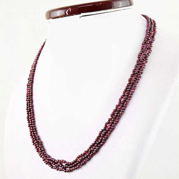 gemsmore:Red Garnet Necklace Natural 3 Strand Round Shape Beads