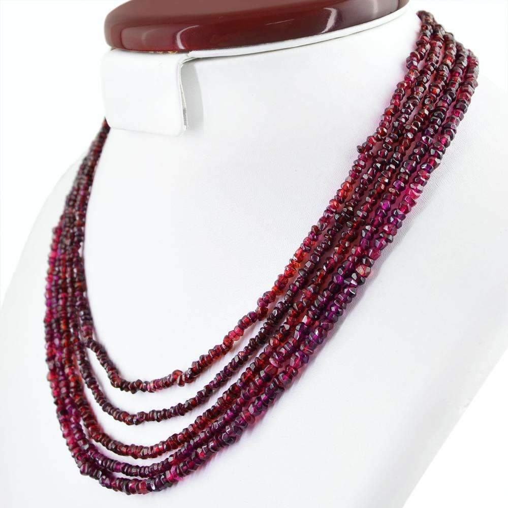 gemsmore:Red Garnet Necklace Natural 5 Strand Untreated Round Cut Beads