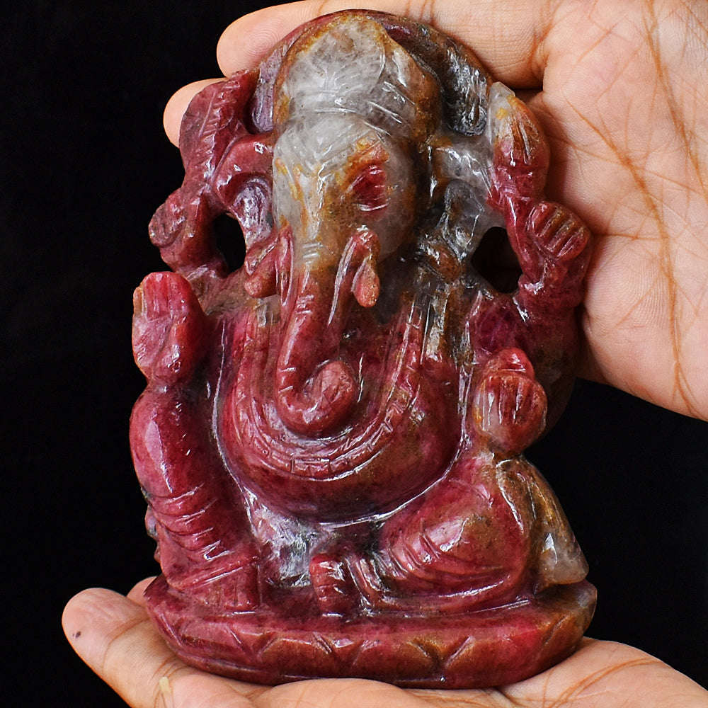 gemsmore:Rhodonite Hand Carved Genuine Crystal Gemstone Carving Lord Ganesha