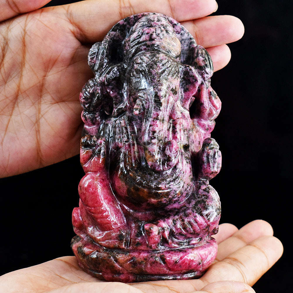 gemsmore:Rhodonite Hand Carved Genuine Crystal Gemstone Carving Lord Ganesha