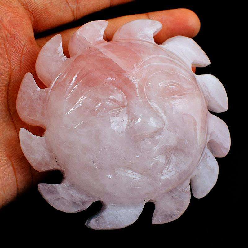 gemsmore:Rose Quartz Hand Carved Gemstone Sun Face - Beautiful