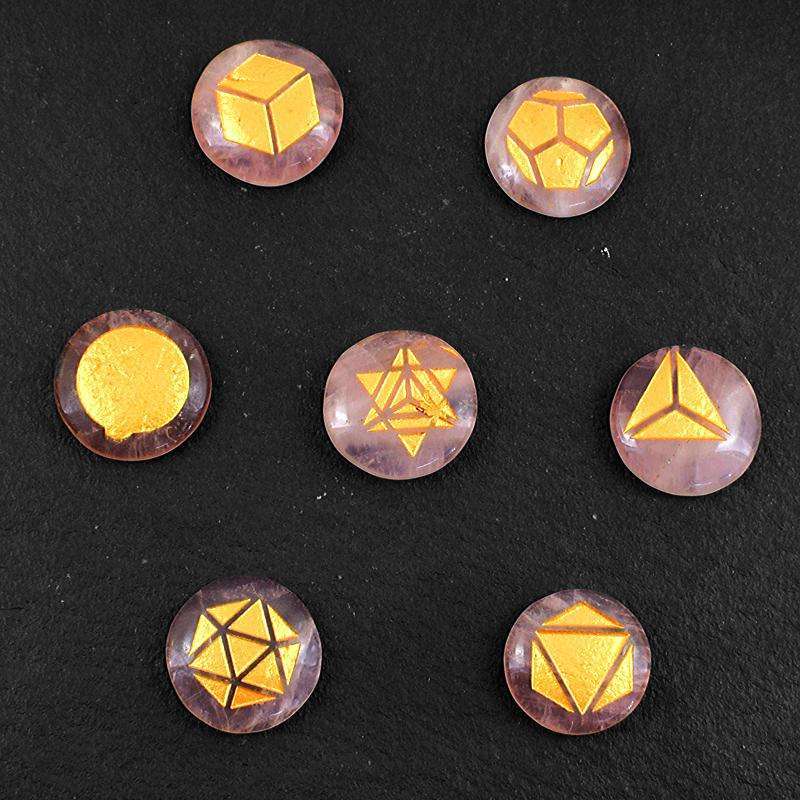 gemsmore:Rose Quartz Platonic Gold Engraved Geometry Set - 7sets - Private Deal