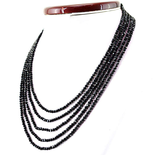 gemsmore:Round Shape Black Spinel Necklace Natural  5 Line Faceted Beads