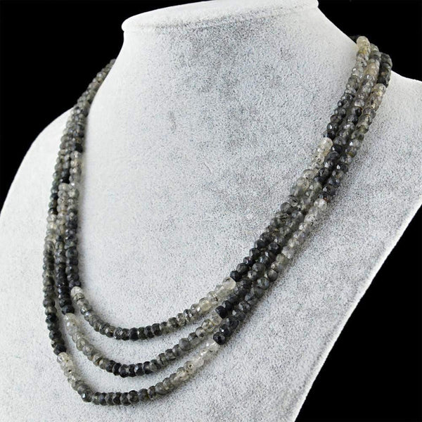 gemsmore:Round Shape Black & White Rutile Quartz Necklace Natural 3 Line Faceted Beads