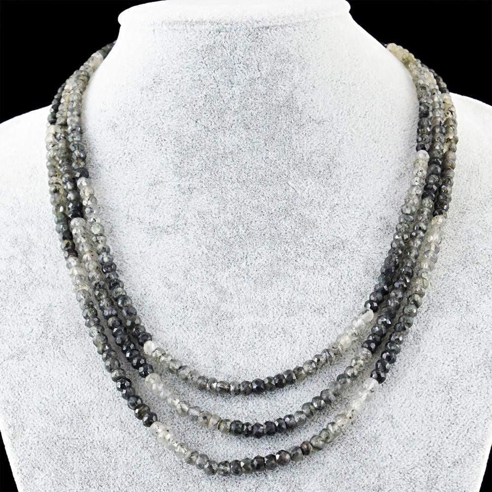 gemsmore:Round Shape Black & White Rutile Quartz Necklace Natural 3 Line Faceted Beads