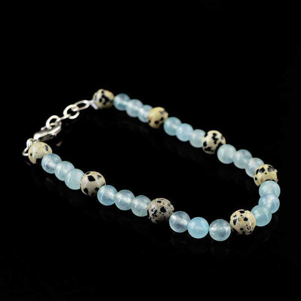 gemsmore:Round Shape Blue Aquamarine & Dalmatian Jasper Bracelet Natural Unheated Beads