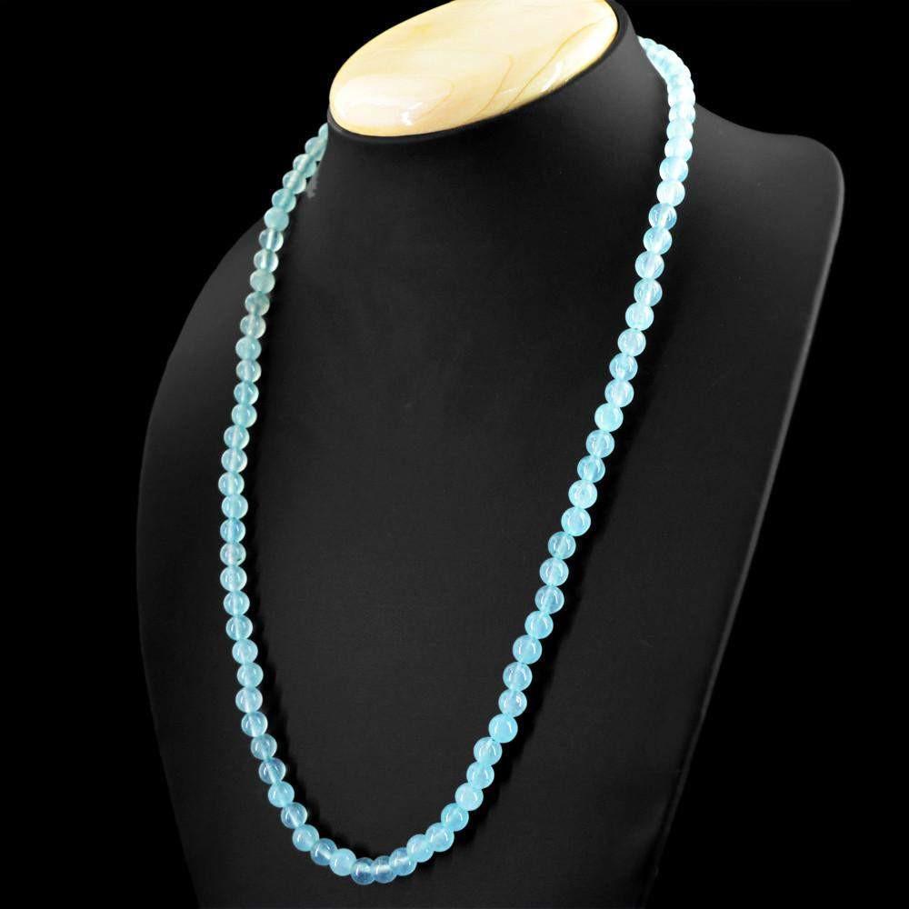 gemsmore:Round Shape Blue Aquamarine Necklace Natural Untreated Beads