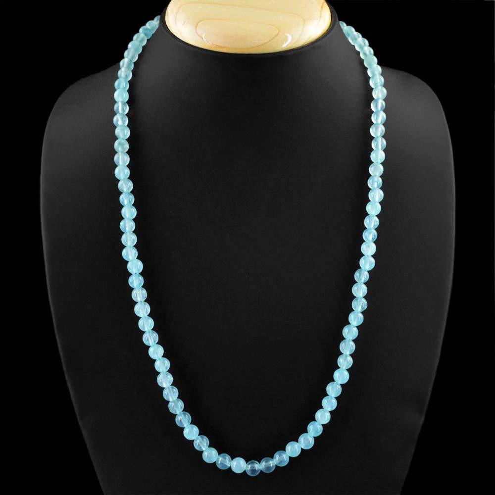 gemsmore:Round Shape Blue Aquamarine Necklace Natural Untreated Beads
