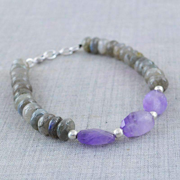 gemsmore:Round Shape Blue Flash Labradorite & Purple Amethyst Bracelet Natural Untreated Beads