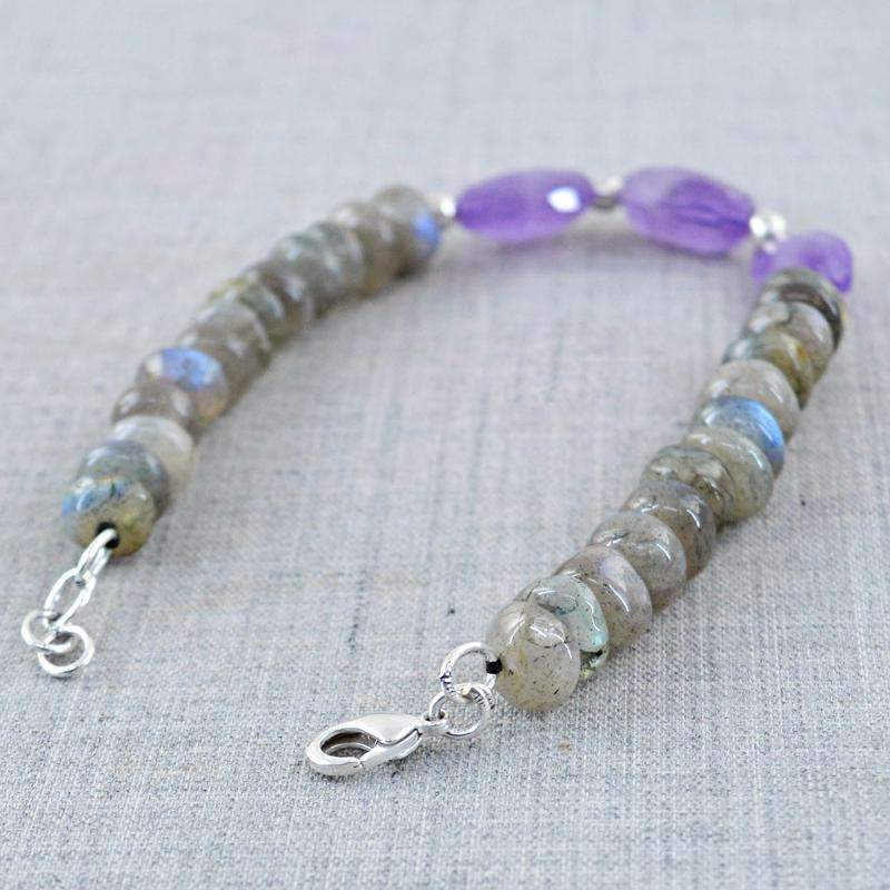 gemsmore:Round Shape Blue Flash Labradorite & Purple Amethyst Bracelet Natural Untreated Beads