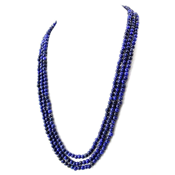 gemsmore:Round Shape Blue Lapis Lazuli Necklace Natural 3 Strand Untreated Beads