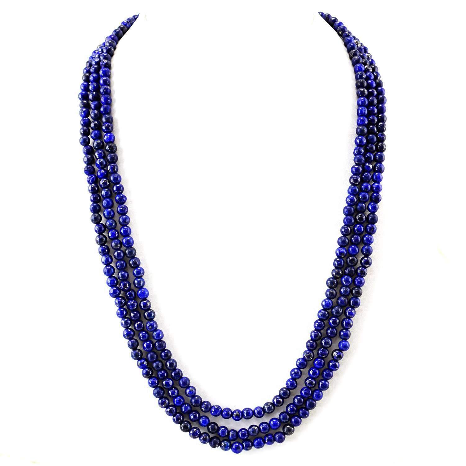 gemsmore:Round Shape Blue Lapis Lazuli Necklace Natural 3 Strand Untreated Beads