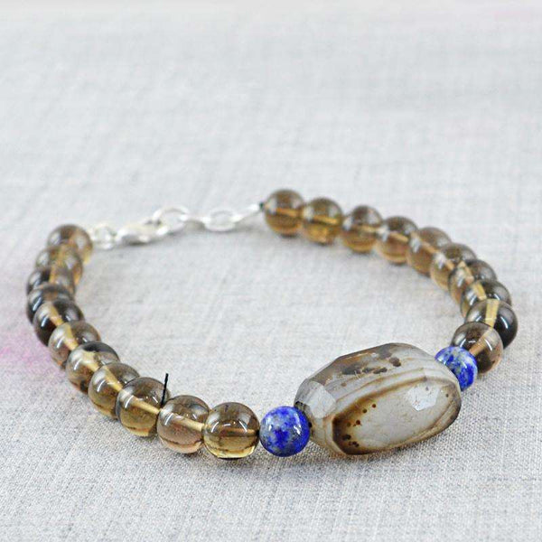 gemsmore:Round Shape Blue Lapis Lazuli & Smoky Quartz Bracelet Natural Untreated Beads
