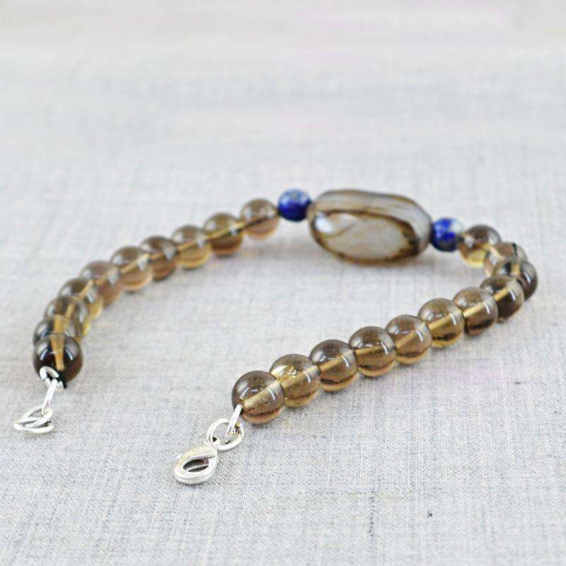 gemsmore:Round Shape Blue Lapis Lazuli & Smoky Quartz Bracelet Natural Untreated Beads