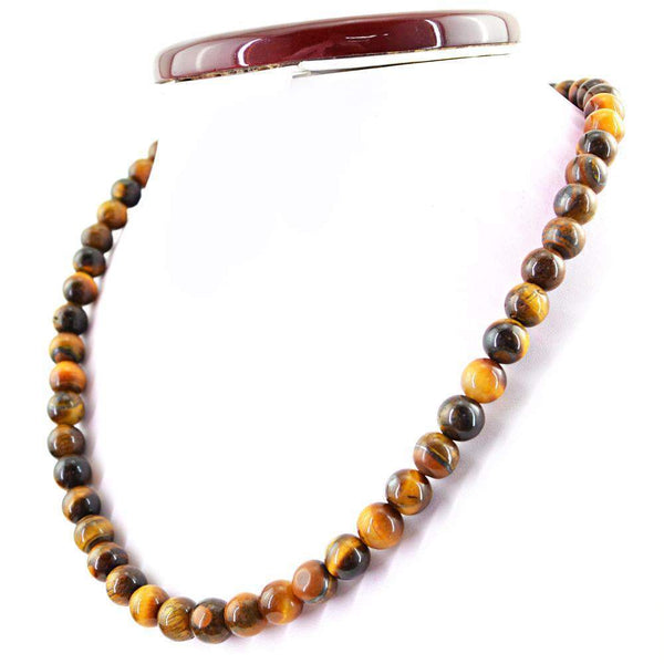 gemsmore:Round Shape Golden Tiger Eye Necklace Natural Untreated Beads
