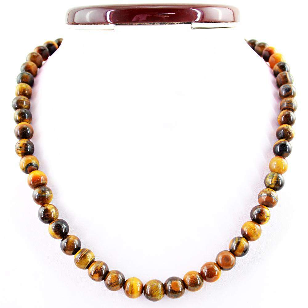 gemsmore:Round Shape Golden Tiger Eye Necklace Natural Untreated Beads