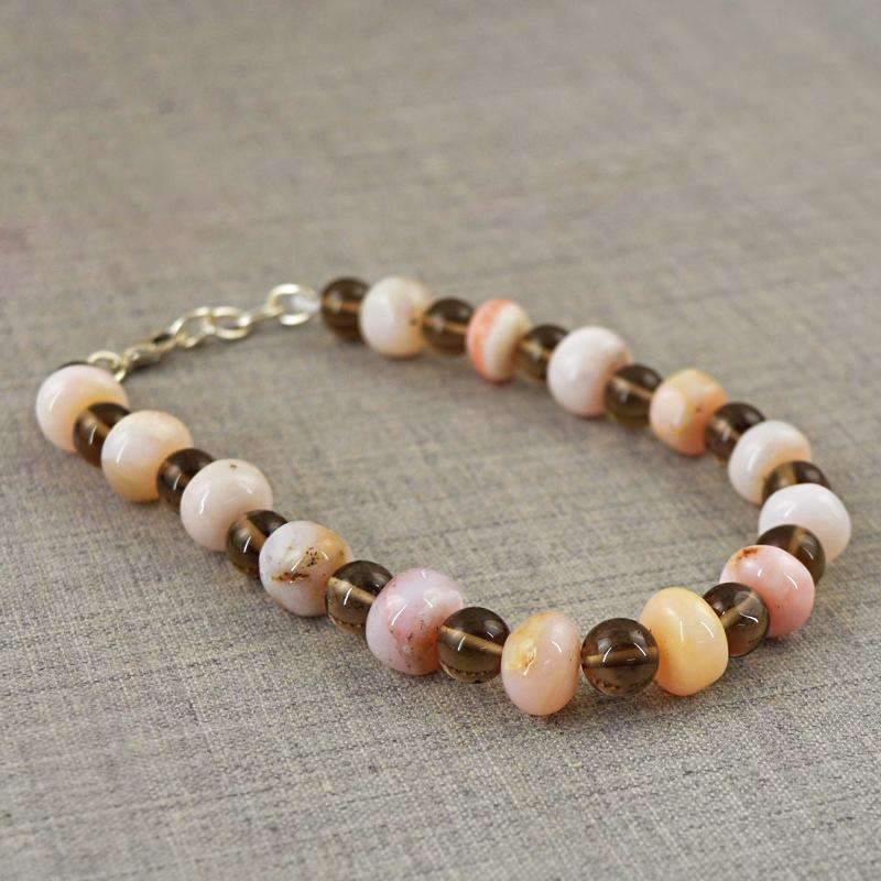 gemsmore:Round Shape Pink Opal & Smoky Quartz Bracelet - Natural Untreated Beads