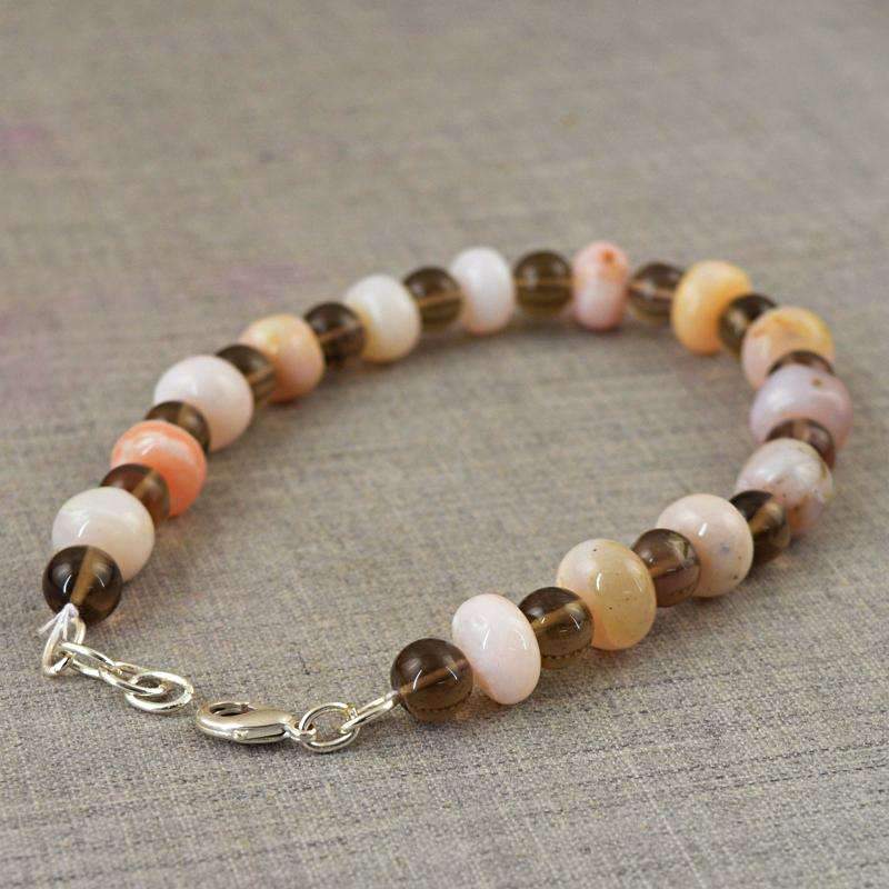 gemsmore:Round Shape Pink Opal & Smoky Quartz Bracelet - Natural Untreated Beads