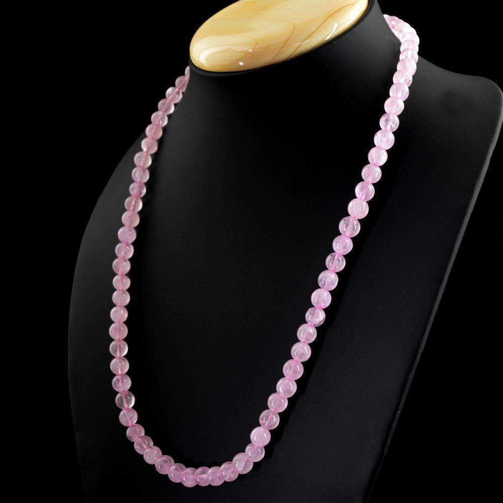 gemsmore:Round Shape Pink Rose Quartz Necklace Natural Untreated Beads