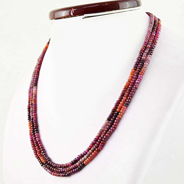 gemsmore:Round Shape Untreated Ruby Necklace Natural 3 Strand