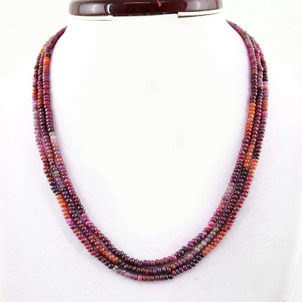 gemsmore:Round Shape Untreated Ruby Necklace Natural 3 Strand