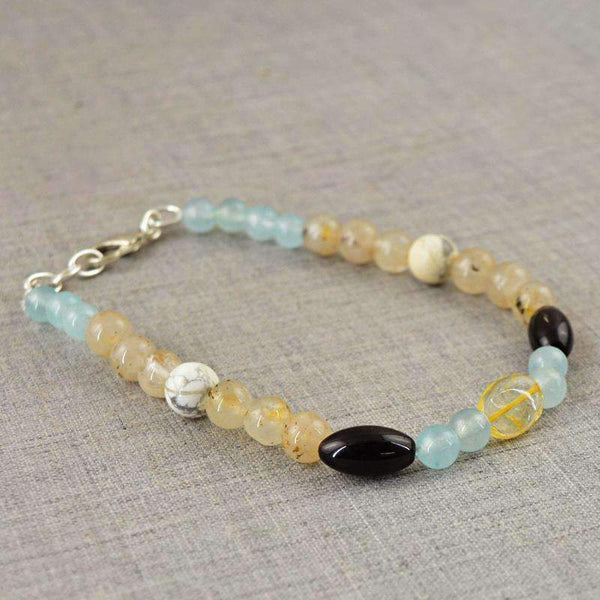 gemsmore:Rutile Quartz & Blue Aquamarine Bracelet Natural Round Shape Beads