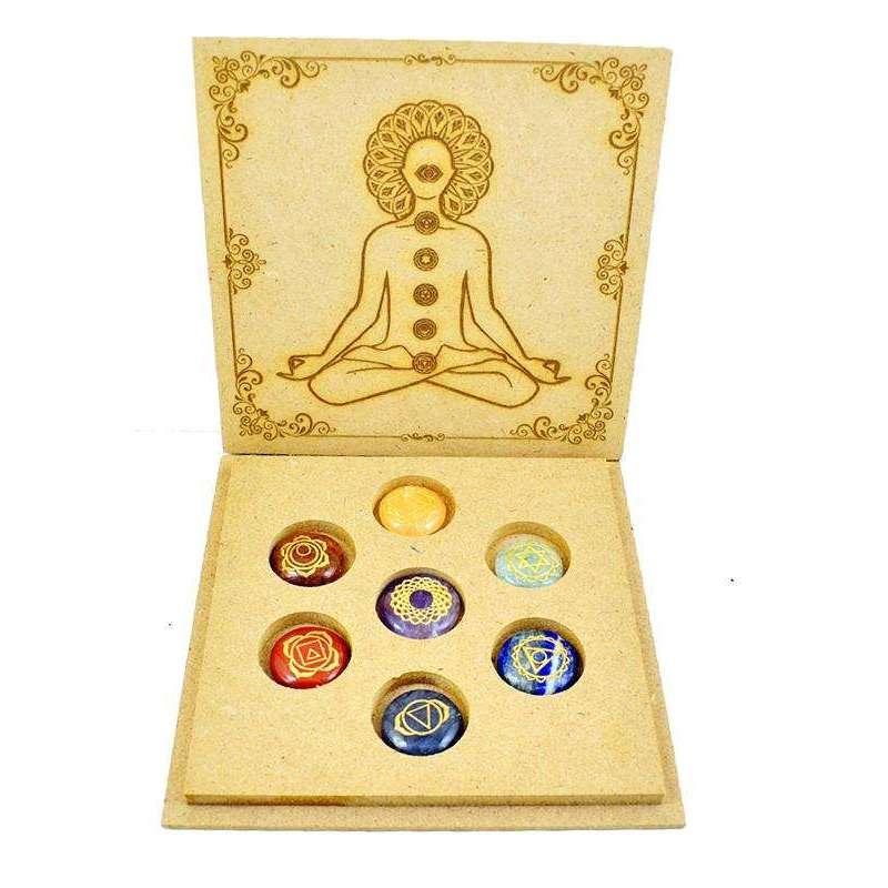 gemsmore:Seven Chakra Carved Gemstone In Meditation Wooden Box