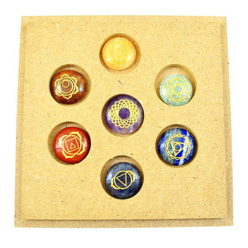 gemsmore:Seven Chakra Carved Gemstone In Meditation Wooden Box