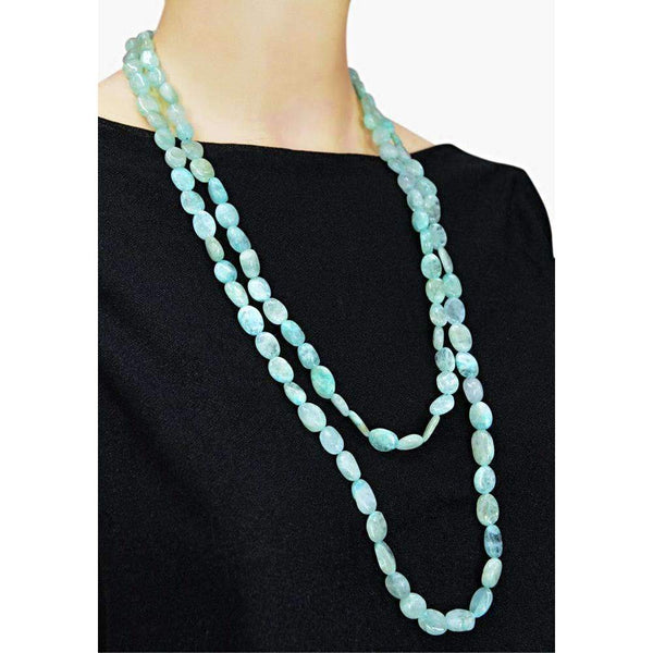 gemsmore:Single Strand Blue Aquamarine Necklace Natural Oval Shape Beads