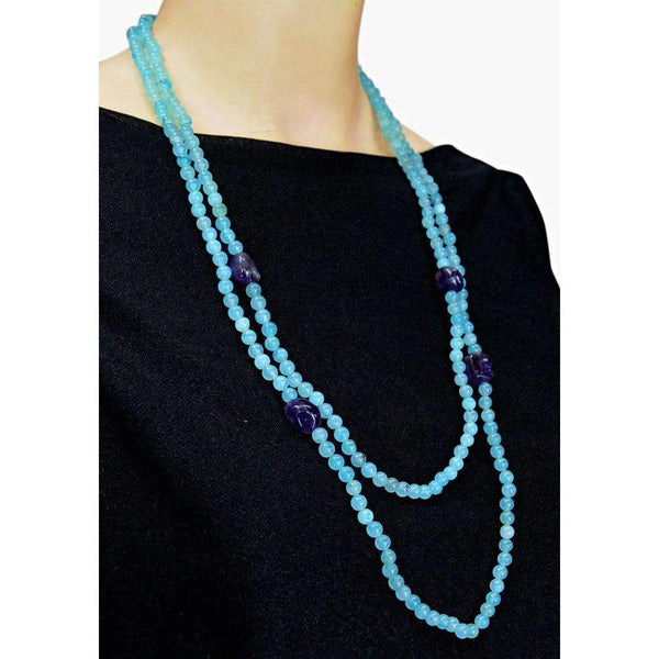 gemsmore:Single Strand Blue Aquamarine & Purple Amethyst Necklace Natural Round Shape Beads