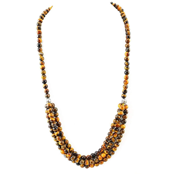 gemsmore:Single Strand Golden Tiger Eye Necklace Round Shape Natural Beads