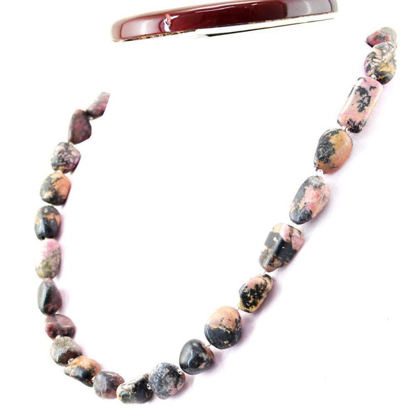 gemsmore:Single Strand Pink Rhodonite Necklace Natural Untreated Beads