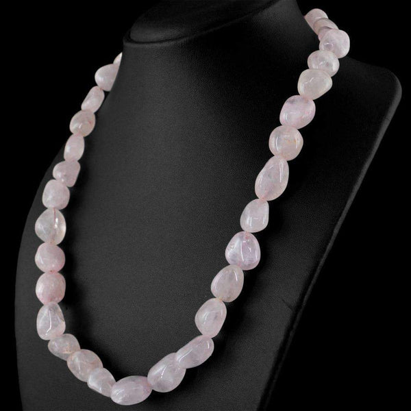 gemsmore:Single Strand Pink Rose Quartz Necklace - Natural Untreated Beads