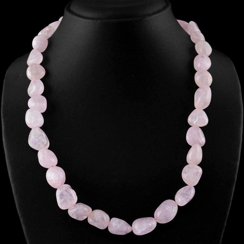 gemsmore:Single Strand Pink Rose Quartz Necklace - Natural Untreated Beads