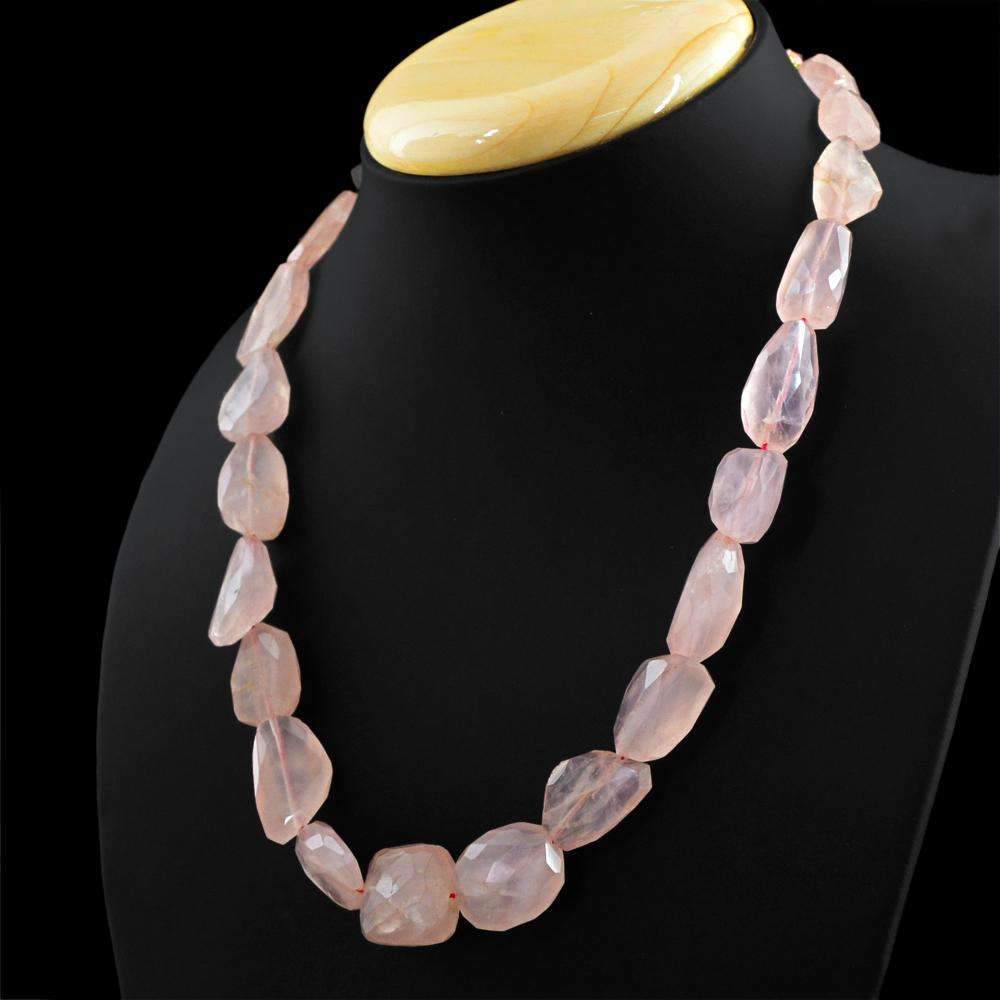 gemsmore:Single Strand Pink Rose Quartz Necklace Natural Faceted Beads - Best Quality