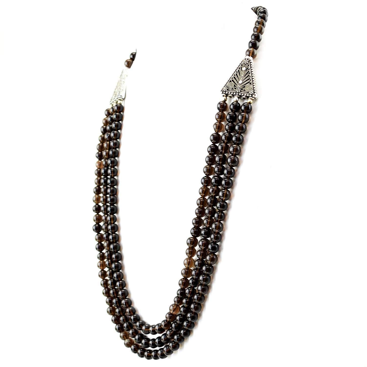 gemsmore:Smoky Quartz Necklace Natural 3 Strand Round Shape Beads