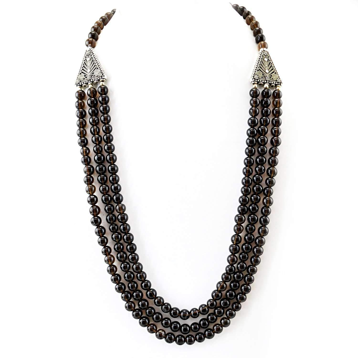 gemsmore:Smoky Quartz Necklace Natural 3 Strand Round Shape Beads