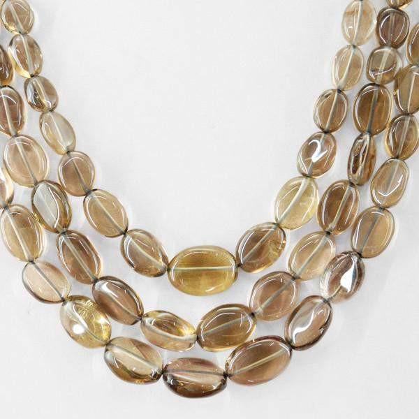gemsmore:Smoky Quartz Necklace Natural Untreated Oval Shape Beads - 3 Strand