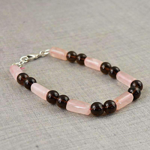gemsmore:Smoky Quartz & Pink Rose Quartz Bracelet Natural Round Shape Beads
