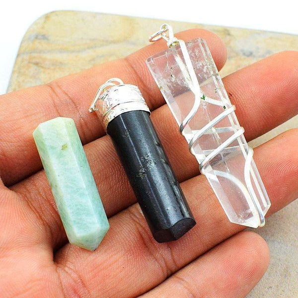 gemsmore:Spinel Healing Point Pendant, White Quartz Healing Wand Pendant & Amazonite Healing Point Set